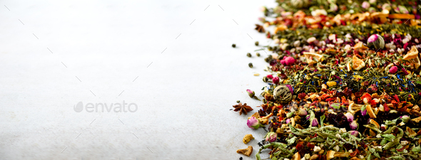 Tea background: green, black, floral, herbal, mint, melissa, ginger, apple, rose, lime tree, fruits - Stock Photo - Images