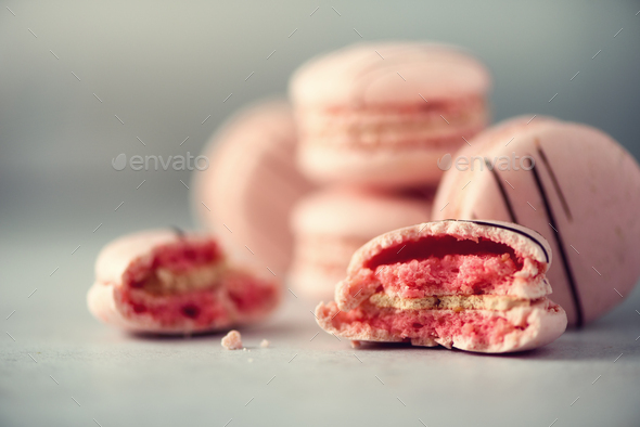 Pink french macaroons. Pastel colors macarons with copy space, top view. Holidays and celebrations - Stock Photo - Images