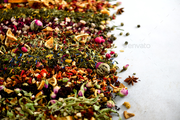 Different types of tea: green, black, floral, herbal, mint, melissa, rose, hibiscus, cornflower. Dry