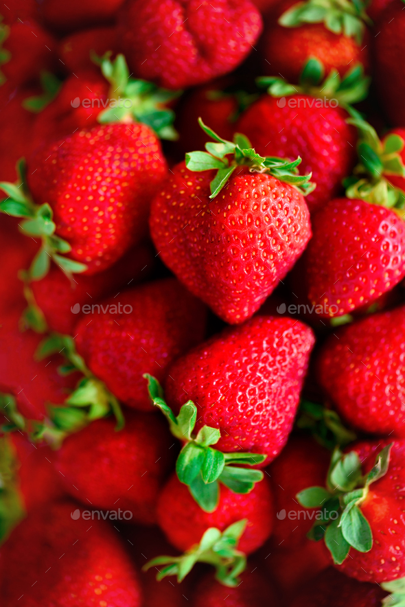 Organic strawberries background with copy space. Top view. Vegan and vegetarian concept. Berries - Stock Photo - Images