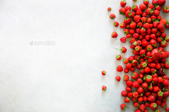 Fresh organic strawberries background with copy space. Top view. Summer, vitamin, vegan, vegetarian - Stock Photo - Images