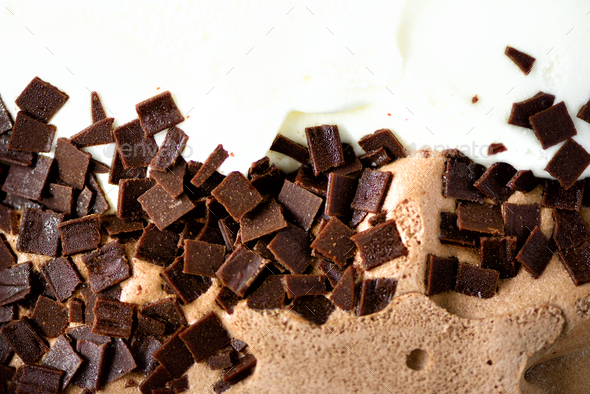 Scooped vanilla and chocolate ice cream background. Summer food concept, copy space, top view. Sweet - Stock Photo - Images