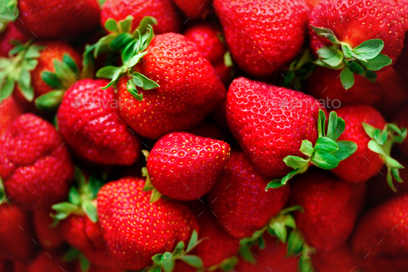 Organic strawberries background with copy space. Top view. Vegan and vegetarian concept. Berries - Stock Photo - Images