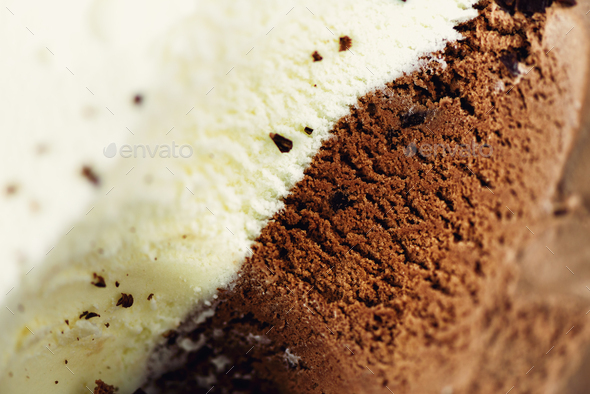 Scooped vanilla and chocolate ice cream background. Summer food concept, copy space, top view. Sweet - Stock Photo - Images
