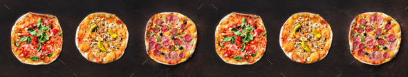Pizza pattern. Six pieces set on dark background. Top view, copyspace