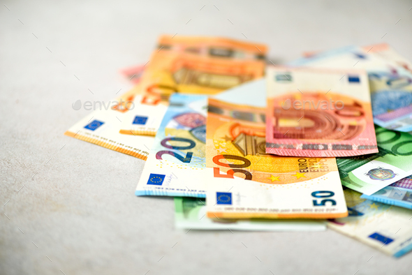 Euro currency money banknotes background. Payment and cash concept. Announced cancellation of five - Stock Photo - Images
