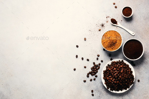 Ingredients for making caffeine drink - brown coconut sugar, coffee beans, ground and instant coffee - Stock Photo - Images