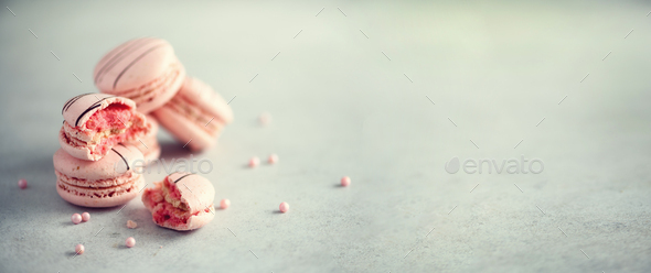 Pink french macaroons. Pastel colors macarons with copy space, top view. Holidays and celebrations - Stock Photo - Images