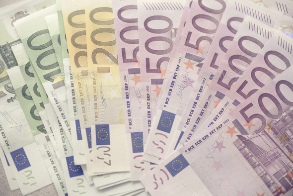 Euro currency money banknotes background. Payment and cash concept. Announced cancellation of five - Stock Photo - Images