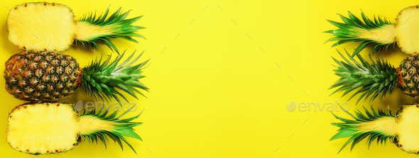 Pattern with bright pineapples on blue background. Top View. Copy Space. Minimal style. Pop art - Stock Photo - Images
