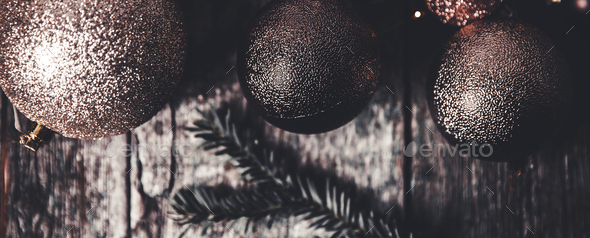Christmas or New Year background. Vintage Christmas tree toy decoration balls and light garland - Stock Photo - Images