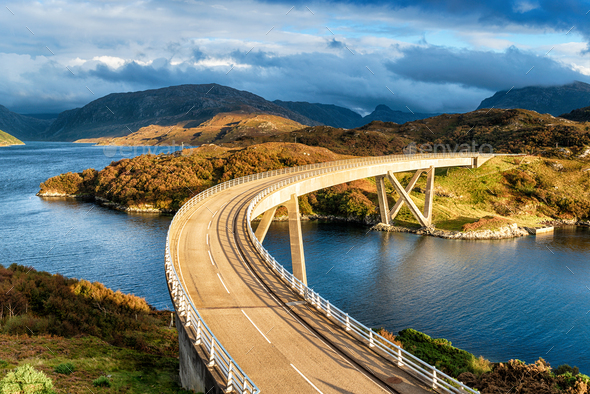 The curved Kylesku Bridge in Scotland - Stock Photo - Images
