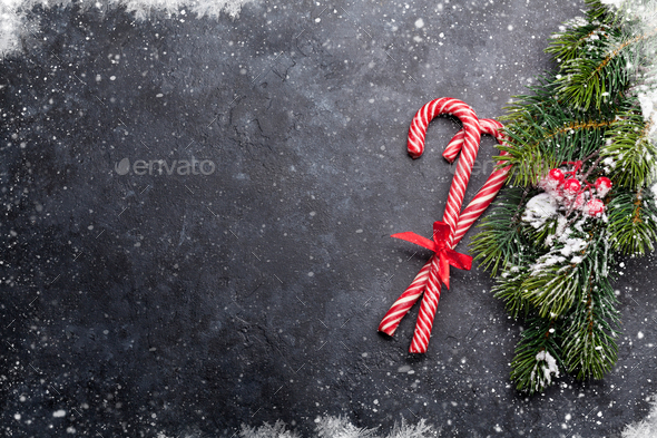 Christmas card with candy canes and fir tree - Stock Photo - Images