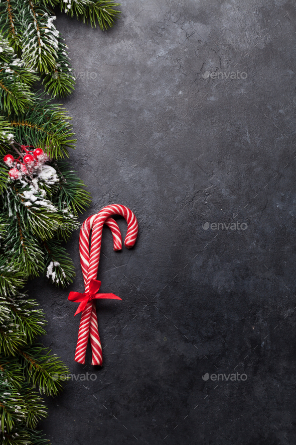 Christmas card with candy canes and fir tree - Stock Photo - Images