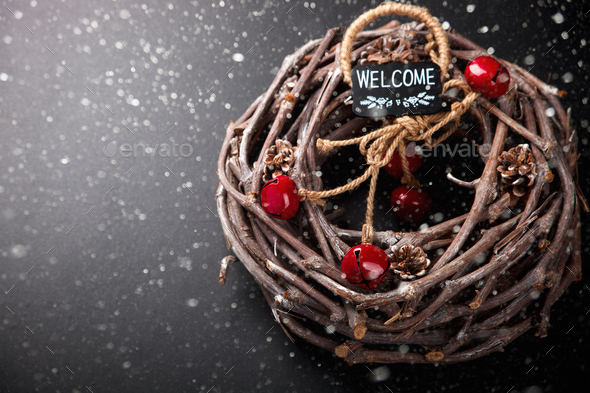 Christmas Wood Wreath with Natural Twigs - Stock Photo - Images