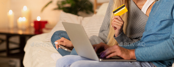 Unrecognizable Couple Using Laptop Shopping Online At Home, Panorama - Stock Photo - Images