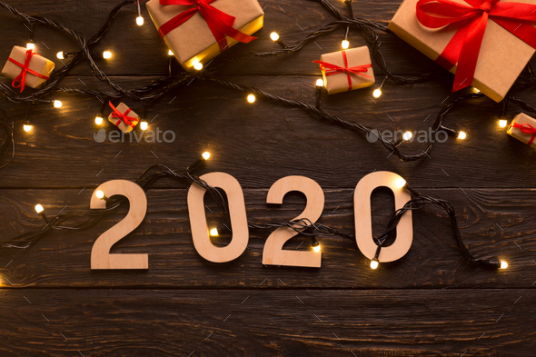 New year present boxes and garland with 2020 concept