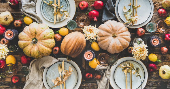Table setting for Thanksgiving day or family dinner, wide composition - Stock Photo - Images