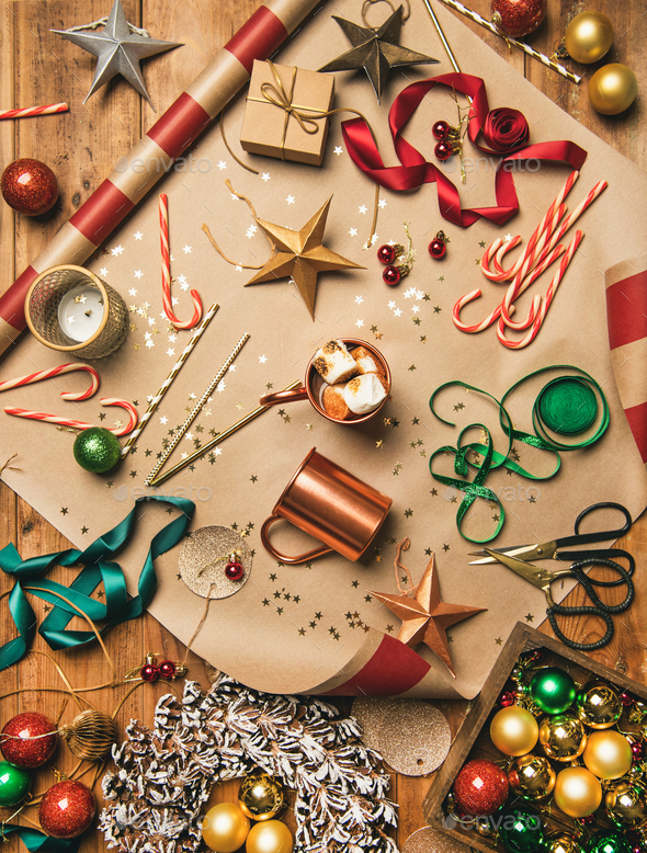 Hot Chocolate And Christmas Decoration Over Wooden Background