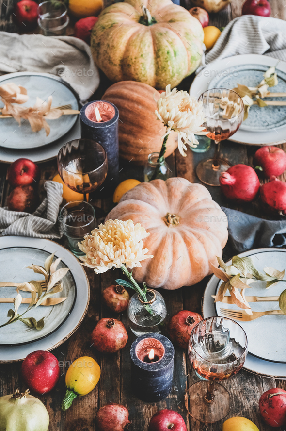 Fall table setting for Thanksgiving day party - Stock Photo - Images