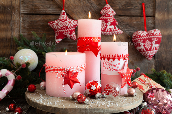 Candles And Festive Decorations For Christmas Stock Photo By