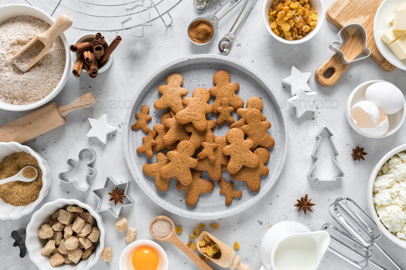 Christmas, New Year, X-mas, Noel or X-mas baking culinary background, recipe gingerbread cookies - Stock Photo - Images