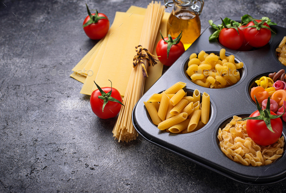 Various type of pasta and cherry tomato