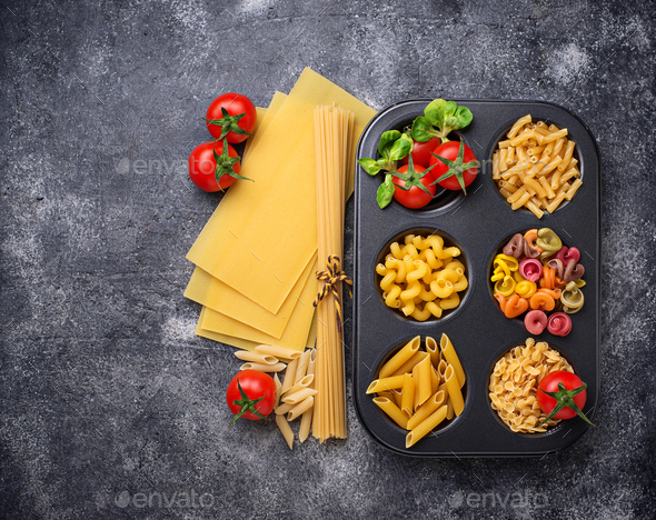 Various type of pasta and cherry tomato