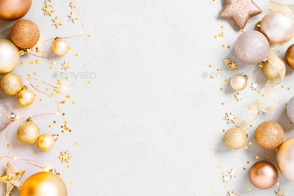 White Christmas Background with Golden Decoration Stock Photo by AlinaKho