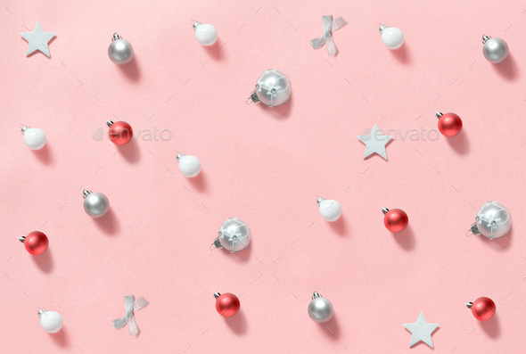 Christmas Decotrations On A Light Pink Background Stock Photo By