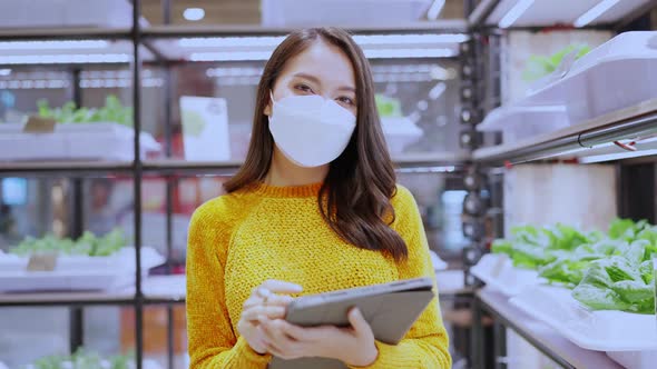 entrepreneur start up hand using tablet checking quality control of hydroponic vegetable farm alt