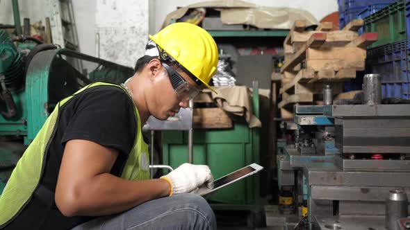 Engineer trying to check machine at factory