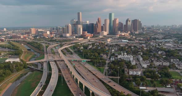 High angle establishing drone shot of downtown Houston. This video was filmed in 4k for best image q alt