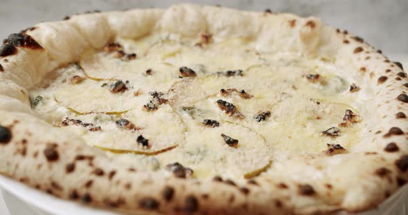 Big Pizza with 4 Cheese with Pear Ready for Eating Delicious Italian Pizza alt