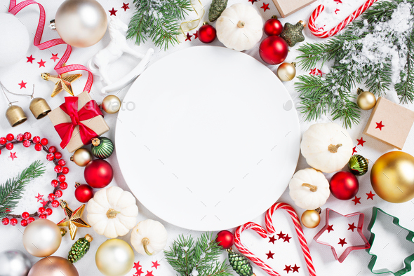 Christmas Pattern with Empty White Plate and Festive Decoration - Stock Photo - Images