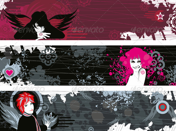 Banner Set Girl Face Grunge - Backgrounds Decorative