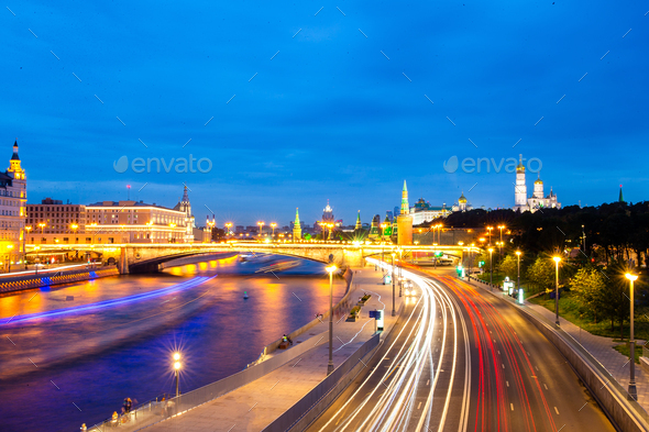 Panoramic view of Moscow landmark during sunset from Zaryadye Park - Stock Photo - Images