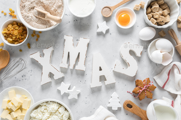 Christmas or Xmas baking culinary background. Ingredients for cooking on kitchen table - Stock Photo - Images