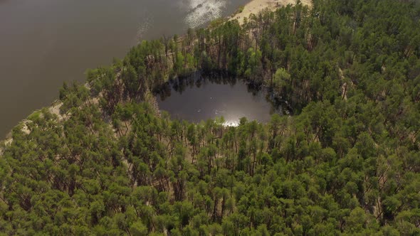  Lake Surrounded By Green Spring Forest.top View of a Mysterious Lake