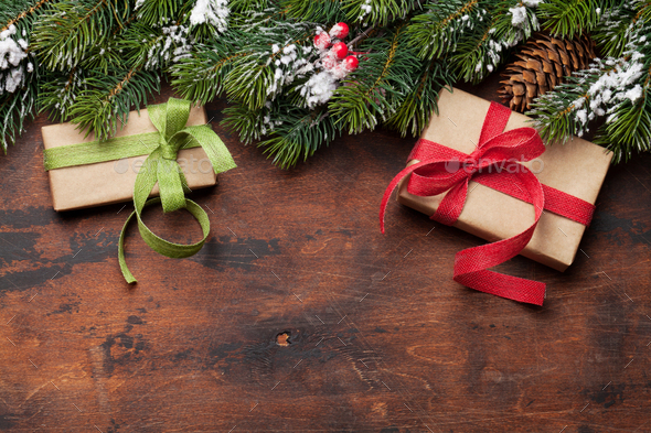 Christmas card with fir tree and gift boxes - Stock Photo - Images