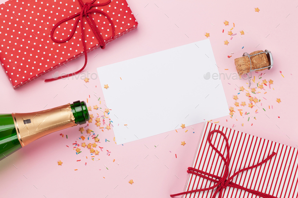 Champagne bottle and christmas card - Stock Photo - Images
