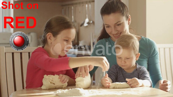 Happy Family Having Fun Time Cooking Together Pancakes Kneading Dough Mother Teaching Children alt