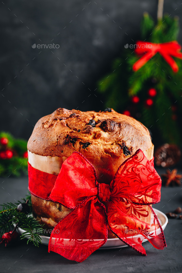 Traditional Christmas Panettone Cake With Dried Fruits Decorated