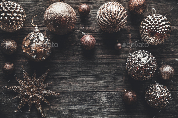 Christmas or New Year background. Vintage Christmas tree toy decoration balls over rustic wooden - Stock Photo - Images