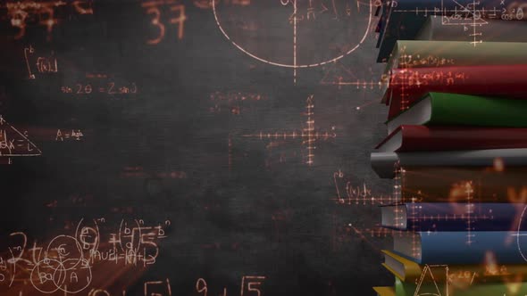 Math equations and spinning books on side screen  alt