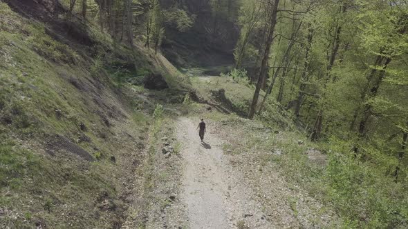 Aerial view of man traveler hiker walking on forest trail in the mountains, Woodland Caucasus Russia