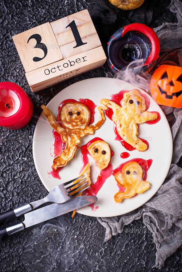 Halloween creative treat ghost pancakes Stock Photo by furmanphoto