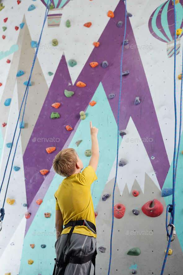 Schoolboy pointing upwards while standing in front of climbing equipment - Stock Photo - Images
