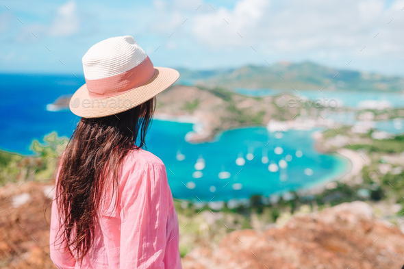 View of English Harbor from Shirley Heights, Antigua, paradise bay at tropical island in the - Stock Photo - Images