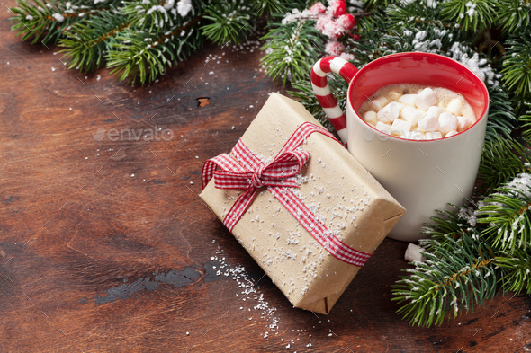 Christmas fir tree and hot chocolate with marshmallow - Stock Photo - Images